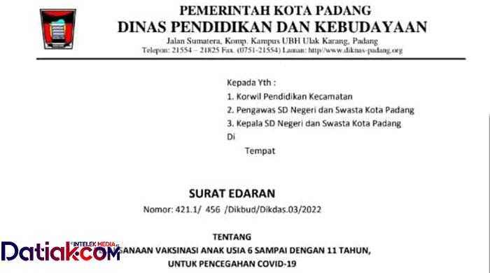 Surat edaran Disdikbud Padang 7 Februari 2022