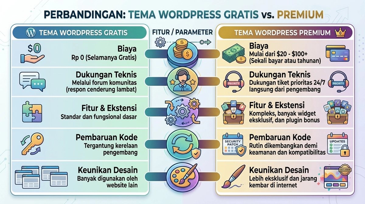 Perbandingan tema wordpress gratis dan premium.